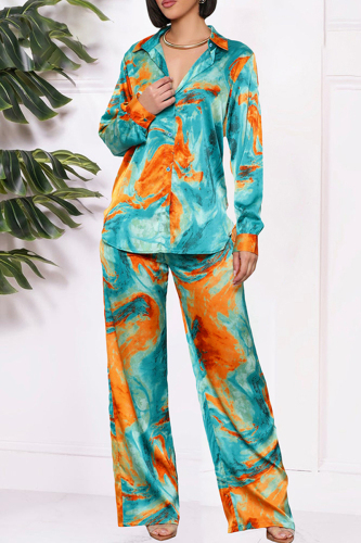 Casual Tie Dye Print Shirt Collar Long Sleeve Blouse And Wide Leg Pants Vacation Two Pieces Trouser Sets