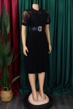 Formal O Neck Short Sleeve Hollow Out Lace With Belt Evening Party Office Lady Wedding Guest Plus Size Pleated Midi Dresses
