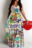 Sexy Cartoons Print Backless Spaghetti Strap Floor Length Vacation Baggy Sundress Slip Maxi Dress
