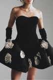 Flower Decor Party Evening Formal Sleeveless Backless Strapless A Line Pleated Tube Mini Dresses
