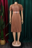 Formal O Neck Short Sleeve Hollow Out Lace With Belt Evening Party Office Lady Wedding Guest Plus Size Pleated Midi Dresses