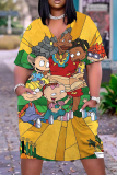 Casual Cartoon Print Basic V Neck Short Sleeve Vacation Loose Pockets Midi T-Shirt Dress