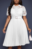 Formal O Neck Short Sleeve Hollow Out Lace With Belt Evening Party Office Lady Wedding Guest Plus Size Pleated Midi Dresses