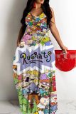 Sexy Cartoons Print Backless Spaghetti Strap Floor Length Vacation Baggy Sundress Slip Maxi Dress