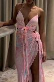 Floral Print Sleeveless Backless High Slit Ruched Strap Design Ruffle Trim Irregular Hem Formal Evening Party Wedding Halter Maxi Slip Dresses
