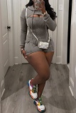 Casual Long Sleeve Hollow Out Hooded Jackets And Skinny Romper Two Pieces Sets