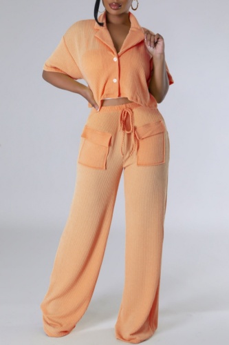 Casual Turndown Collar Short Sleeve Buttons Blouse And Wide Leg Pants Vacation Two Pieces Trouser Sets
