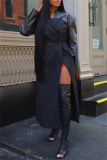 Casual Leather Patchwork Turndown Collar Long Sleeve Longline Trench Coats