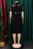 Formal O Neck Short Sleeve Hollow Out Lace With Belt Evening Party Office Lady Wedding Guest Plus Size Pleated Midi Dresses
