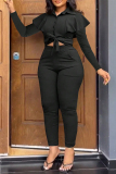 Formal Turndown Collar Long Sleeve Buttons Belted Front Tie Blouse And Skinny Pants Office Lady Two Pieces Trouser Sets