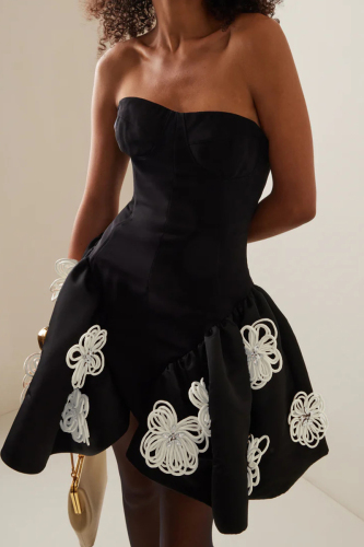 Flower Decor Party Evening Formal Sleeveless Backless Strapless A Line Pleated Tube Mini Dresses