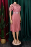 Formal O Neck Short Sleeve Hollow Out Lace With Belt Evening Party Office Lady Wedding Guest Plus Size Pleated Midi Dresses