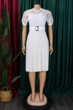 Formal O Neck Short Sleeve Hollow Out Lace With Belt Evening Party Office Lady Wedding Guest Plus Size Pleated Midi Dresses