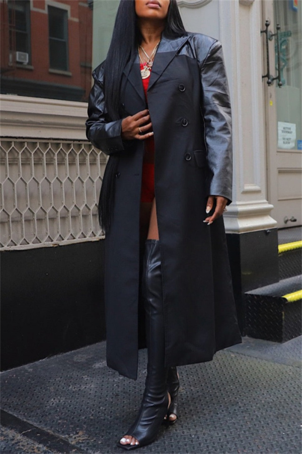 Casual Leather Patchwork Turndown Collar Long Sleeve Longline Trench Coats