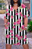 Casual Graphics Print Basic V Neck Short Sleeve Loose Pockets Midi T-Shirt Dress