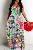 Sexy Cartoons Print Backless Spaghetti Strap Floor Length Vacation Baggy Sundress Slip Maxi Dress