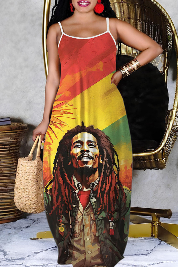 Sexy Figure Print Backless Spaghetti Strap Floor Length Vacation Baggy Sundress Slip Maxi Dress