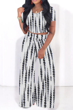 Casual Geometric Print O Neck Short Sleeve Crop Tops And Wide Leg Pants Two Pieces Vacation Trouser Sets