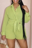 Casual Shirt Collar Long Sleeve Pocket Buttons Front Tie Blouse And Shorts Vacation Two Pieces Shorts Sets