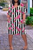 Casual Graphics Print Basic V Neck Short Sleeve Loose Pockets Midi T-Shirt Dress