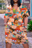 Casual Cartoon Print Basic V Neck Short Sleeve Vacation Loose Pockets Midi T-Shirt Dress