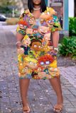 Casual Cartoon Print Basic V Neck Short Sleeve Vacation Loose Pockets Midi T-Shirt Dress