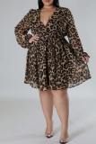 Leopard Print V Neck Long Sleeve With Belt Vacation Plus Size A Line Pleated A Line Mini Dresses