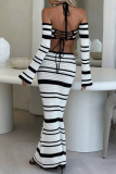Weave Stripe Print Backless Long Sleeve Lace Up Knitted Halter Crop Tops And Maxi Skirt Vacation Two Pieces Dress Sets