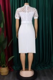 Formal O Neck Short Sleeve Hollow Out Lace With Belt Evening Party Office Lady Wedding Guest Plus Size Pleated Midi Dresses