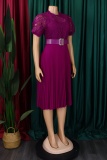 Formal O Neck Short Sleeve Hollow Out Lace With Belt Evening Party Office Lady Wedding Guest Plus Size Pleated Midi Dresses