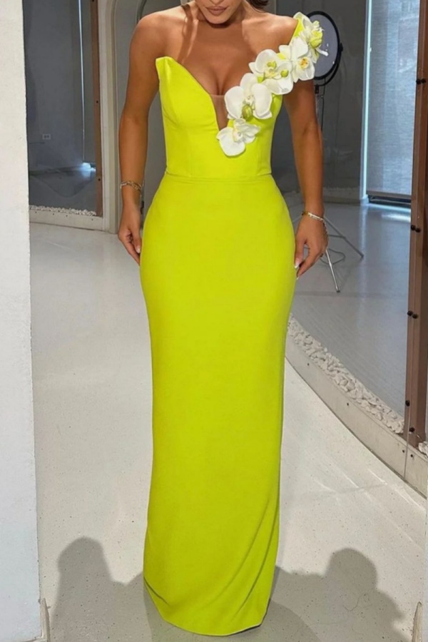 Flowers Decor Sleeveless Backless V Neck Long Evening Party Formal Wedding Bodycon Maxi Dresses