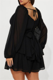 Casual Backless Belted V Neck Long Sleeve Cinch Waist Ruffle Hem A Line Mini Dresses