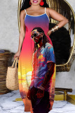 Sexy Figure Print Backless Spaghetti Strap Floor Length Vacation Baggy Sundress Slip Maxi Dress