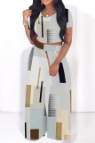 Casual Geometric Print O Neck Short Sleeve Crop Tops And Wide Leg Pants Two Pieces Vacation Trouser Sets