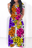 Casual Geometric Print O Neck Short Sleeve Crop Tops And Wide Leg Pants Two Pieces Vacation Trouser Sets