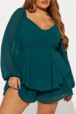 Casual Backless Belted V Neck Long Sleeve Cinch Waist Ruffle Hem A Line Mini Dresses