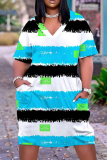 Casual Graphics Print Basic V Neck Short Sleeve Loose Pockets Midi T-Shirt Dress