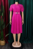 Formal O Neck Short Sleeve Hollow Out Lace With Belt Evening Party Office Lady Wedding Guest Plus Size Pleated Midi Dresses