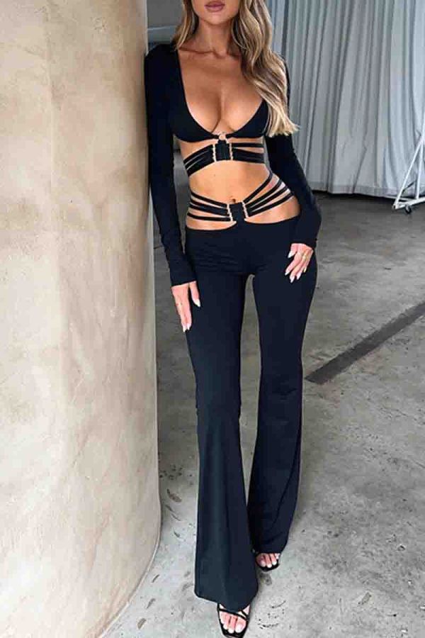 Formal Deep V Neck Long Sleeve Hollow Out Lace Up Crop Tops And Skinny Pants Evening Party Two Pieces Trouser Sets