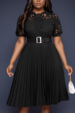 Formal O Neck Short Sleeve Hollow Out Lace With Belt Evening Party Office Lady Wedding Guest Plus Size Pleated Midi Dresses