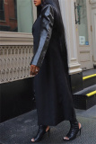 Casual Leather Patchwork Turndown Collar Long Sleeve Longline Trench Coats