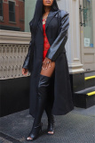 Casual Leather Patchwork Turndown Collar Long Sleeve Longline Trench Coats