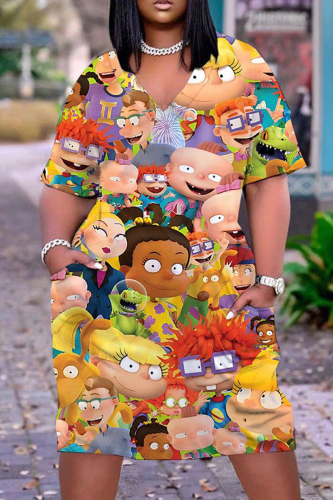 Casual Cartoon Print Basic V Neck Short Sleeve Vacation Loose Pockets Midi T-Shirt Dress