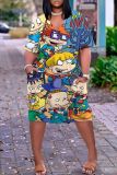 Casual Cartoon Print Basic V Neck Short Sleeve Vacation Loose Pockets Midi T-Shirt Dress