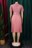 Formal O Neck Short Sleeve Hollow Out Lace With Belt Evening Party Office Lady Wedding Guest Plus Size Pleated Midi Dresses