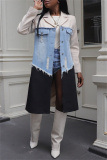 Casual Colorblock Print Ripped Turndown Collar Long Sleeve Longline Cardigan Blazer Coats
