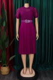 Formal O Neck Short Sleeve Hollow Out Lace With Belt Evening Party Office Lady Wedding Guest Plus Size Pleated Midi Dresses