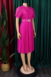 Formal O Neck Short Sleeve Hollow Out Lace With Belt Evening Party Office Lady Wedding Guest Plus Size Pleated Midi Dresses