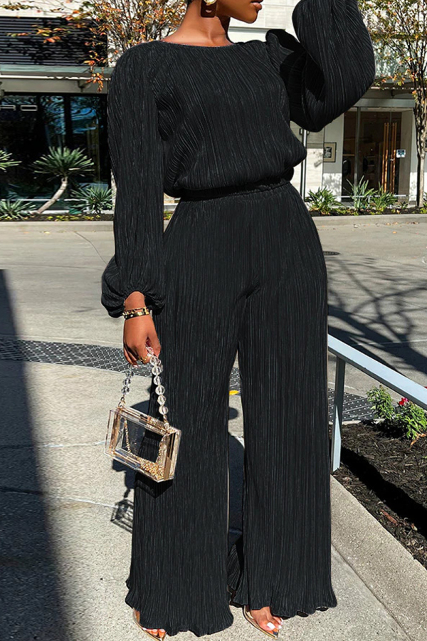 Formal O Neck Long Sleeve Blouse And Wide Leg Pants Vacation Office Lady Two Pieces Trouser Sets