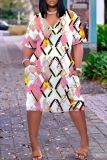 Casual Graphics Print Basic V Neck Short Sleeve Loose Pockets Midi T-Shirt Dress